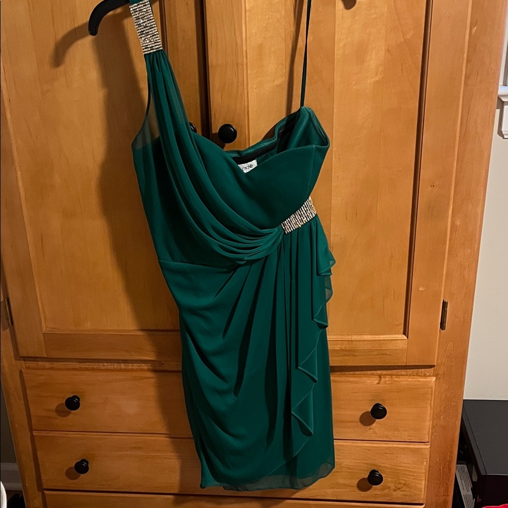 Cache One-Shoulder Emerald Green Cocktail Dress with Rhinestone Accents